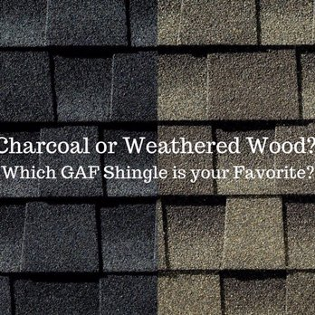 Image showing a comparison of Charcoal and Weathered Wood GAF roofing shingles, inviting viewers to choose their preferred option.