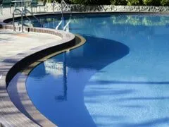 Clean and inviting swimming pool with a curved edge and clear blue water.