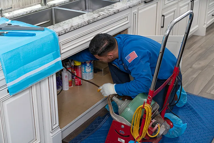 A plumber from Rooter Hero Plumbing working under a kitchen sink in Martinez, using tools to address plumbing issues.