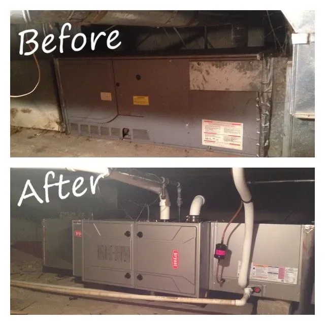 A before and after comparison of an HVAC system upgrade by SanJoseHeating&Cooling, showcasing an old unit replaced with a modern system in SanJose.