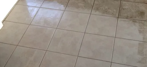 Close-up of a tile floor partially cleaned, showing a clear difference between the clean and dirty sections.