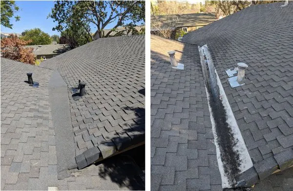Two images showing a roof repair; the left image displays the original roof with a sealed valley, and the right image shows the same roof with the valley opened and cleaned by Simon Says Roofing in San Jose.
