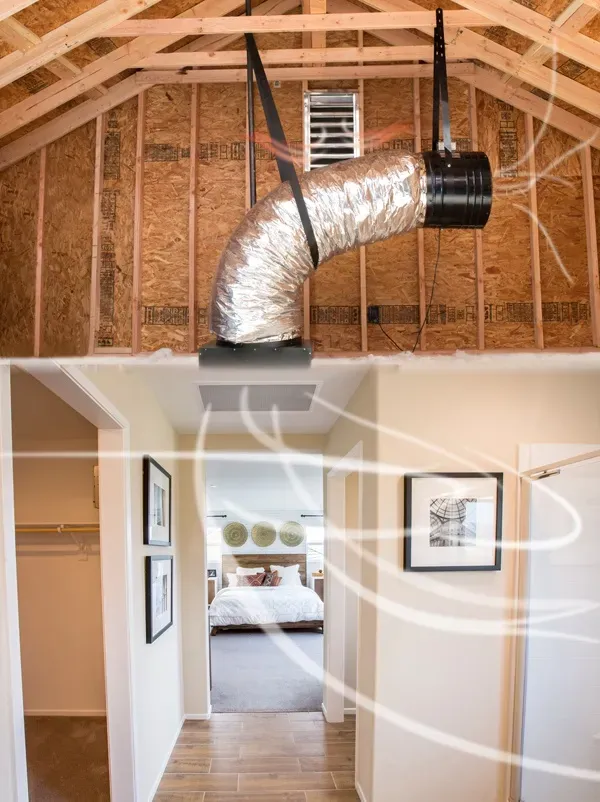 Image showing a modern duct system installed by Skylight Electrical Service in Fairfield, featuring an attic view and an indoor hallway with airflow effects.