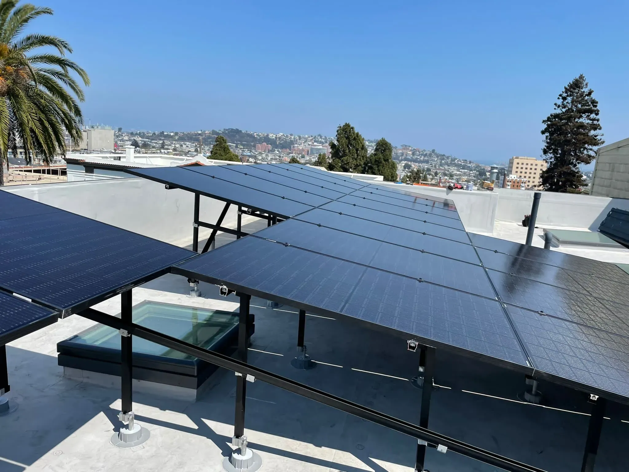 Solar panels installed on a rooftop in San Francisco by SolarUnion, capturing sunlight for sustainable energy.
