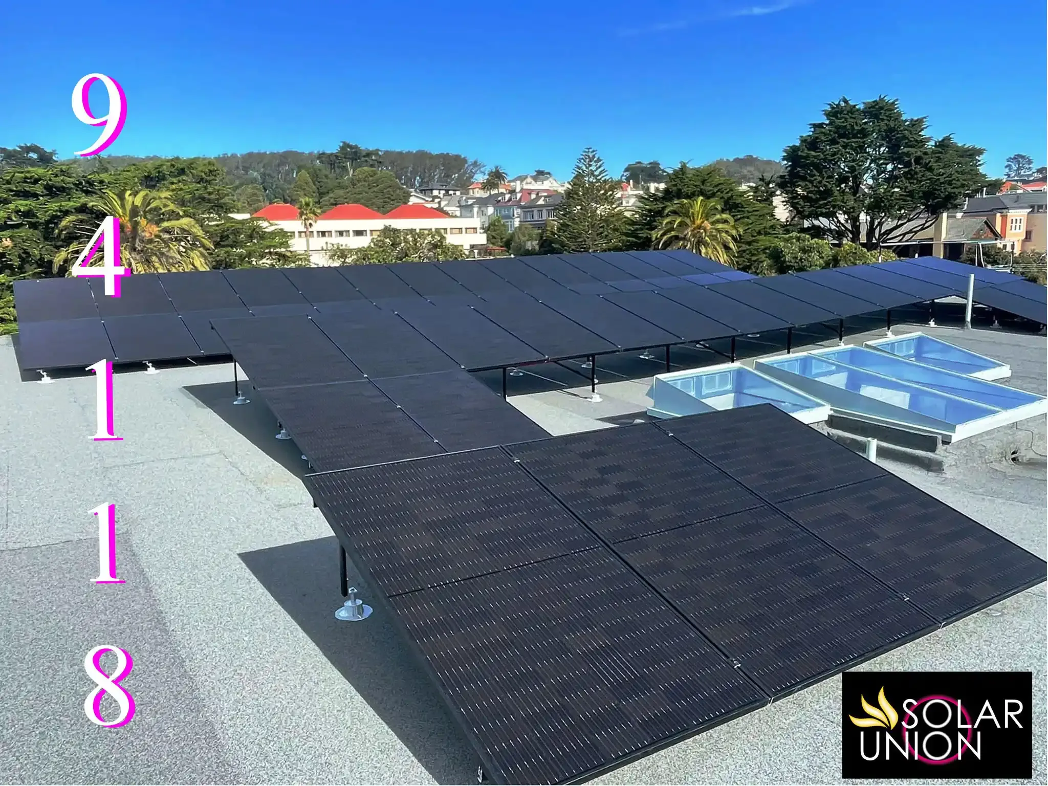 Rooftop solar panels installed by SolarUnion in San Francisco, with trees and buildings in the background.