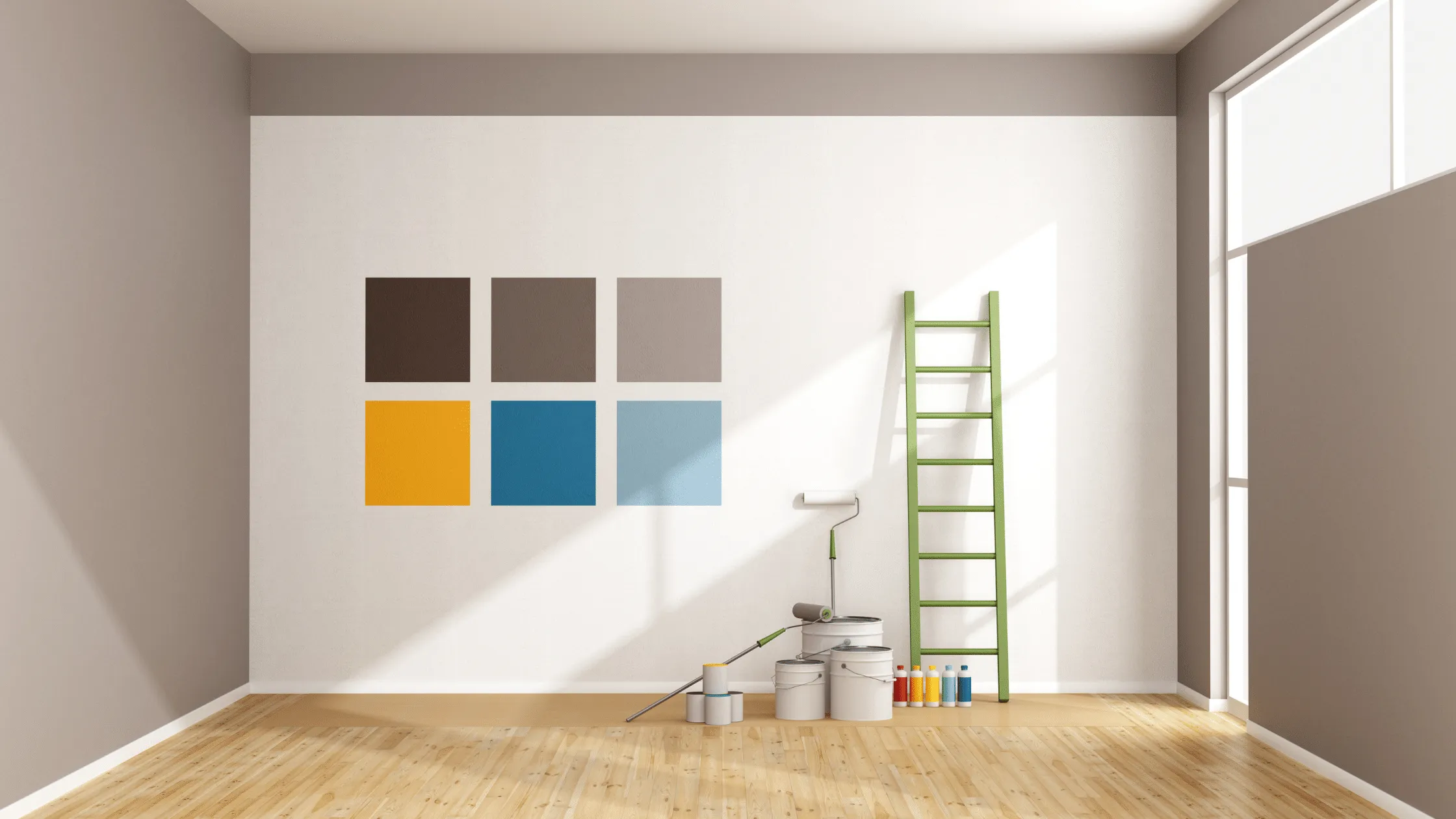 A room with six paint swatches on a white wall, various paint cans, a roller, and a green ladder against a wall, showcasing painting options.