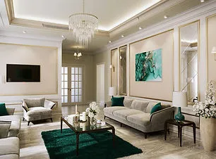 A tastefully designed living room featuring neutral walls, green accents, and a sophisticated chandelier, showcasing Steve Roberts Painting's work in Walnut Creek.