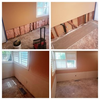 Four images showing the drywall installation process by Sulvaran Drywall in Antioch, including exposed insulation and the final smooth walls.