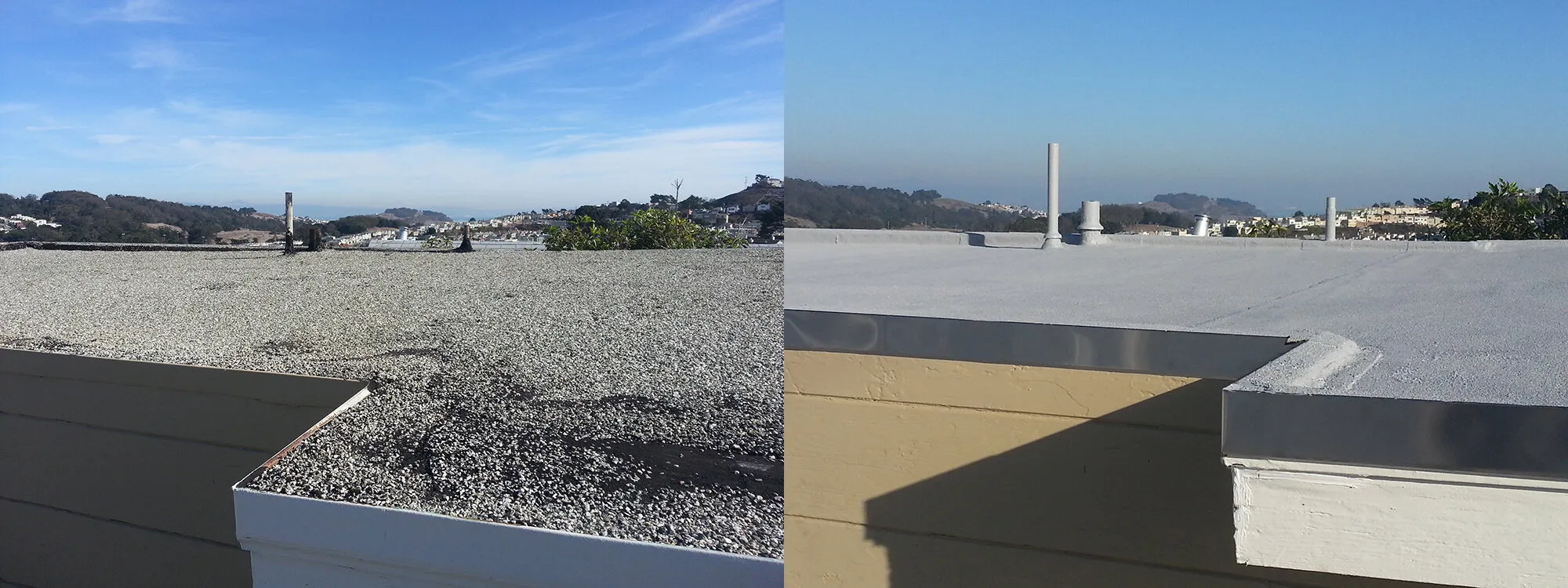 A before-and-after image of a roof in San Francisco; the left side shows a gravel-covered roof, and the right side depicts the same roof with a smooth, newly renovated surface by Sure Roofing & Waterproofing.