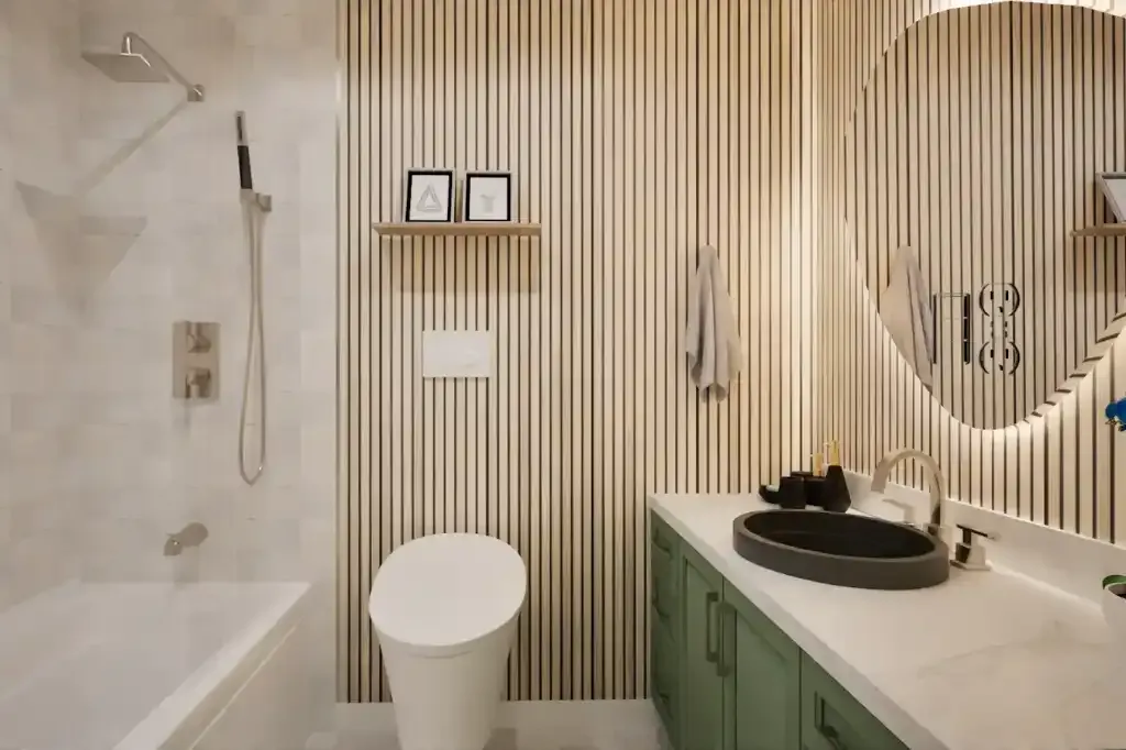 A modern bathroom featuring a white bathtub, a sleek showerhead, a minimalist toilet, and a countertop with a black basin, set against a backdrop of vertical wood paneling.