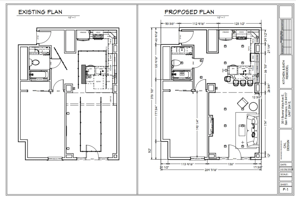 Architectural plans showing an existing and proposed layout, featuring room reconfigurations and detailed measurements for a remodeling project by TOP REMODELING & DESIGN in Walnut Creek.