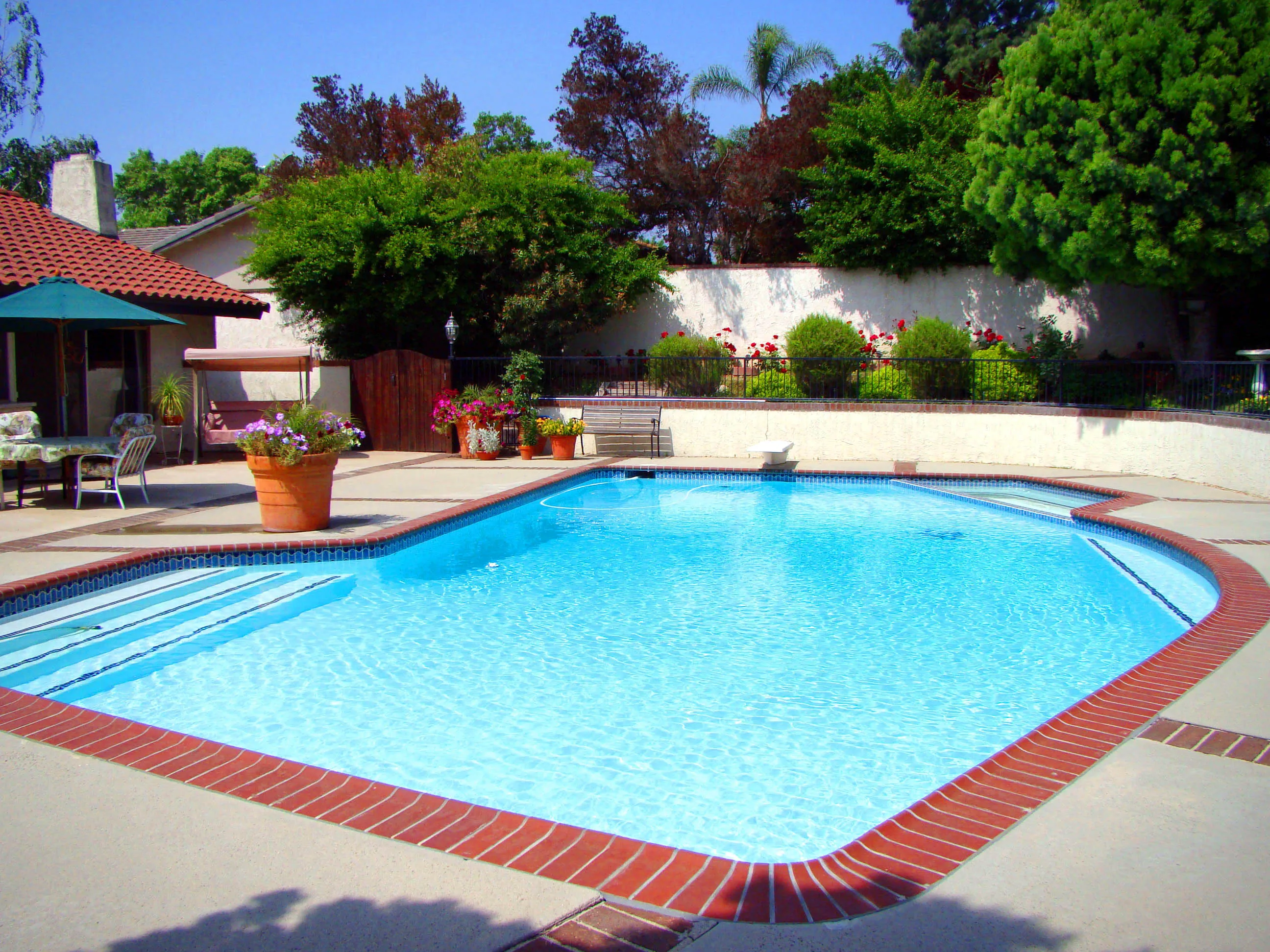 A beautifully maintained backyard pool with clear blue water, surrounded by a well-kept patio and lush greenery, showcasing the work of The Pool Doctor in El Sobrante.