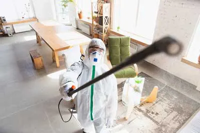 A pest control technician in protective gear uses a spray wand in a modern, sunlit room.