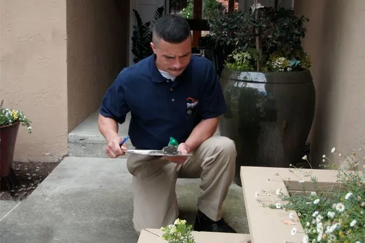 A pest control specialist from Thrasher Termite & Pest Control, Inc. kneels with a clipboard during an outdoor inspection in Los Gatos.