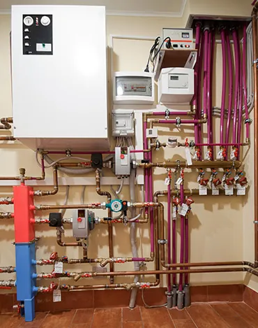 Image of a sophisticated heating system installed in a room, featuring various pipes, valves, and a control unit.