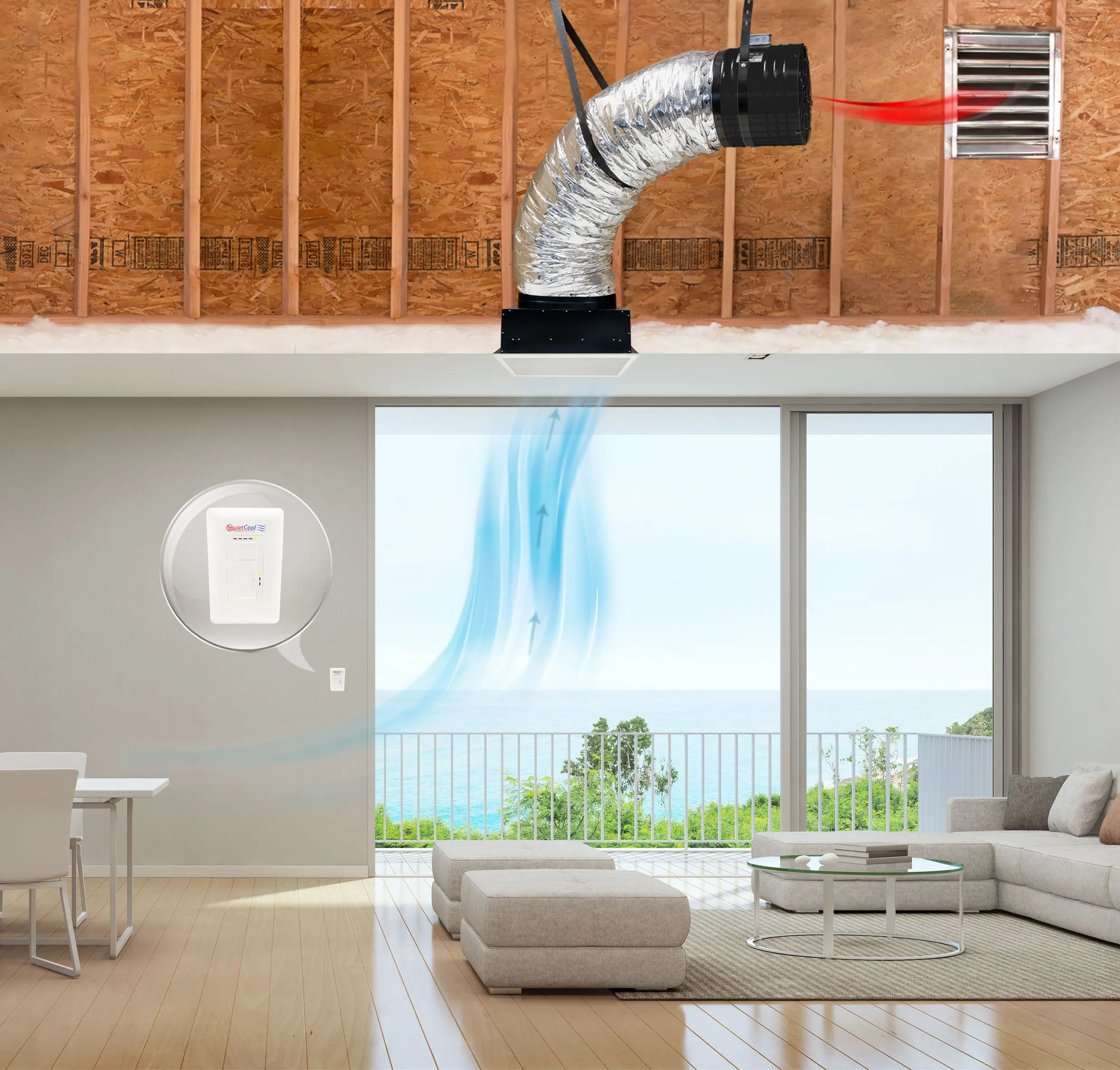Image showing a modern living room with a ventilation system connected to a duct in the ceiling, illustrating the airflow process for Valley Heating, Cooling, Electrical and Solar in San Jose.