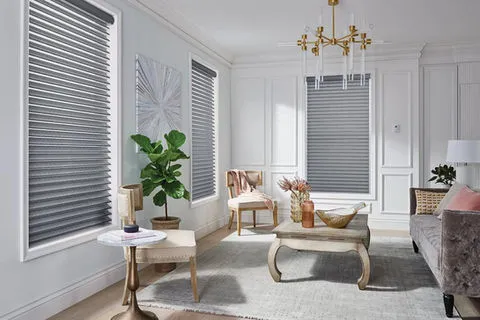 A stylish living room in Pleasanton featuring Window-ology's modern window treatments, complete with elegant furnishings and decor.