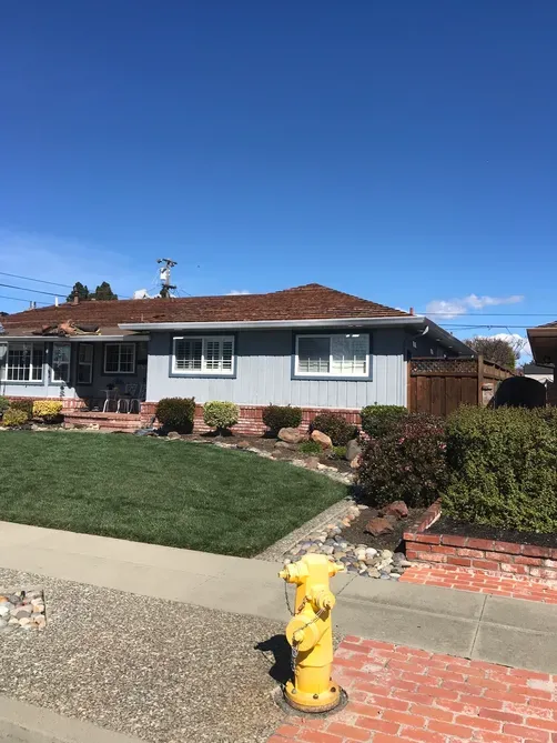 A single-story house with a well-maintained roof by Yorkshire Roofing of Northern California Inc. DBA Roofmax, located in Livermore, surrounded by a neat garden and a yellow fire hydrant in the foreground.